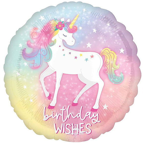 COLLECTION ONLY - 1 Birthday Wishes Unicorn Foil Balloon Filled with Helium & Dressed with Ribbon & Weight
