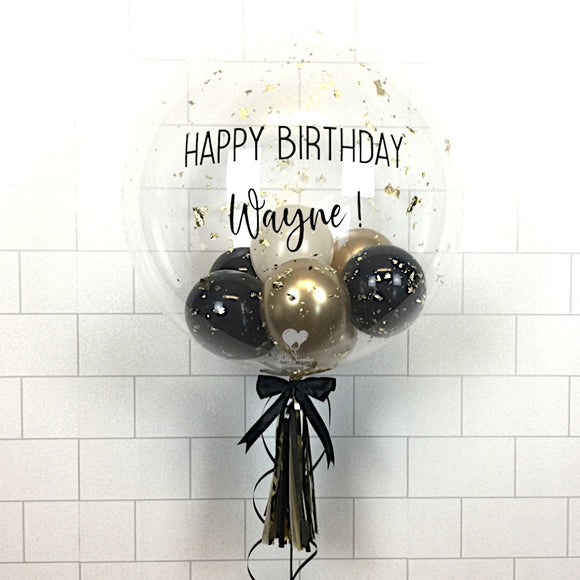 COLLECTION ONLY - Clear Bubble - Cream, Chrome Gold & Black Balloons - Gold Leaf - Black Message