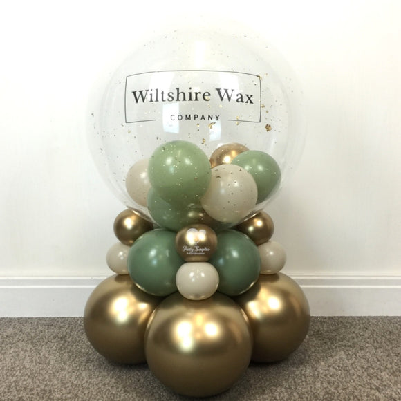 COLLECTION ONLY - 2 Tier Globe Green, Cream & Gold Balloons & Gold Leaf, Black Logo