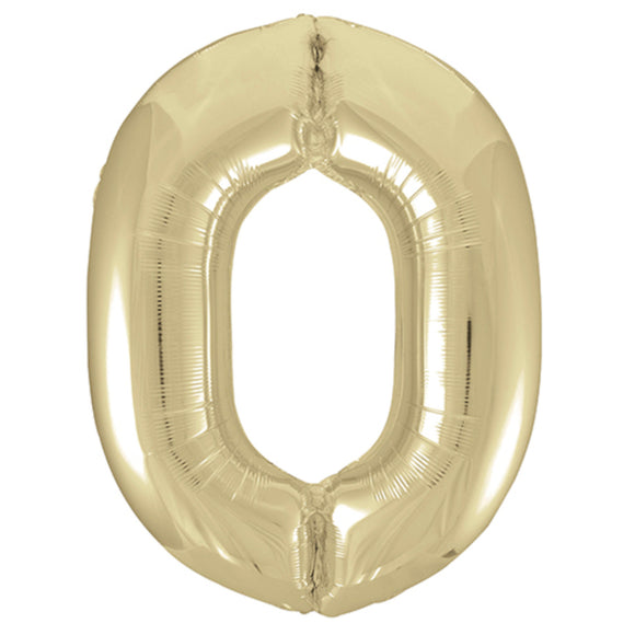 COLLECTION ONLY - Large White Gold Number 0 Super Shape Foil Balloon Filled with Helium & Dressed with Ribbon & Weight