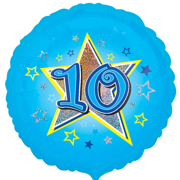 COLLECTION ONLY - 1 Blue Holographic Number 10 Standard Foil Balloon Filled with Helium & Dressed with Ribbon & Weight