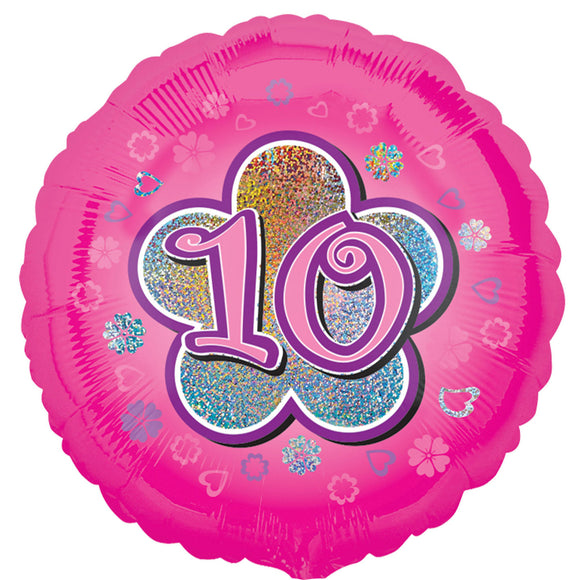 COLLECTION ONLY - 1 Pink Holographic Number 10 Standard Foil Balloon Filled with Helium & Dressed with Ribbon & Weight