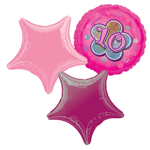 COLLECTION ONLY -  Pink Age 10 Foil Balloon Bouquet Filled with Helium & Dressed with Ribbon & Weight