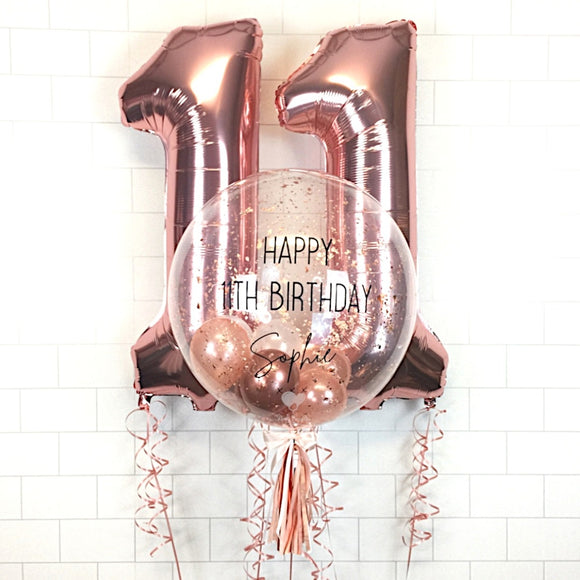 COLLECTION ONLY - Clear Bubble - 2 Shades of Rose Gold, White Balloons - Rose Gold Leaf - Black Message + 2 Large Helium Filled Numbers