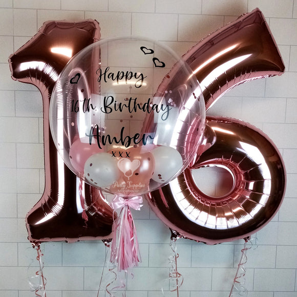 COLLECTION ONLY - Clear Bubble - Rose Gold, Pink, White Balloons - Rose Gold Confetti - Black Message + 2 Large Helium Filled Numbers
