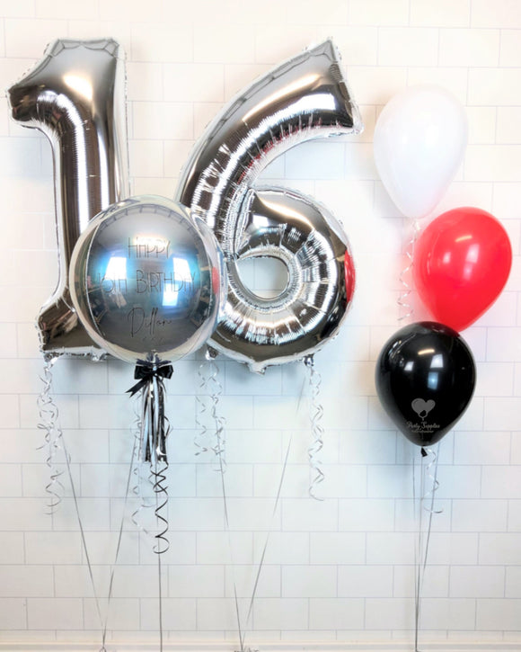 COLLECTION ONLY - Personalised Silver Orbz Balloon, 2 Large Silver Numbers & 1 Cluster of 3 balloons