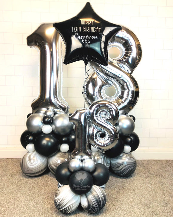 COLLECTION ONLY - Marble, Black & Silver Personalised Double Number Tower & Matching Table Tower with a Personalised Star