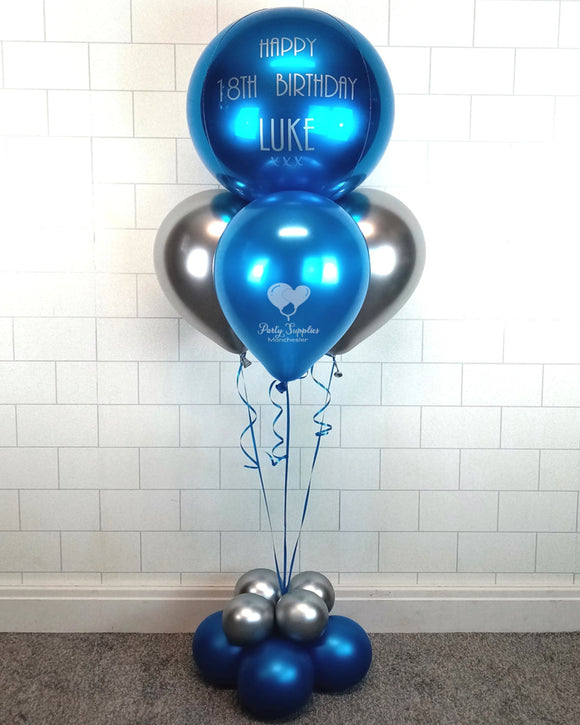 COLLECTION ONLY - Personalised Blue Orbz Balloon, Blue & Silver Balloon Pyramid & Balloon Base