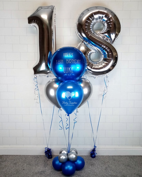 COLLECTION ONLY - Personalised Blue Orbz Balloon dressed with a Blue & Silver Balloon Pyramid & Balloon Base & 2 Large Helium Filled Numbers