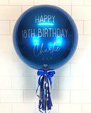 COLLECTION ONLY - Blue Orbz Balloon, Personalised with a Silver Message Dressed with Tassel, Bow & Weight