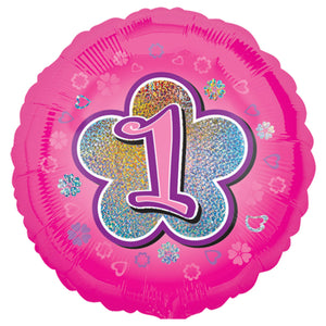 COLLECTION ONLY - 1 Pink Holographic Number 1 Standard Foil Balloon Filled with Helium & Dressed with Ribbon & Weight