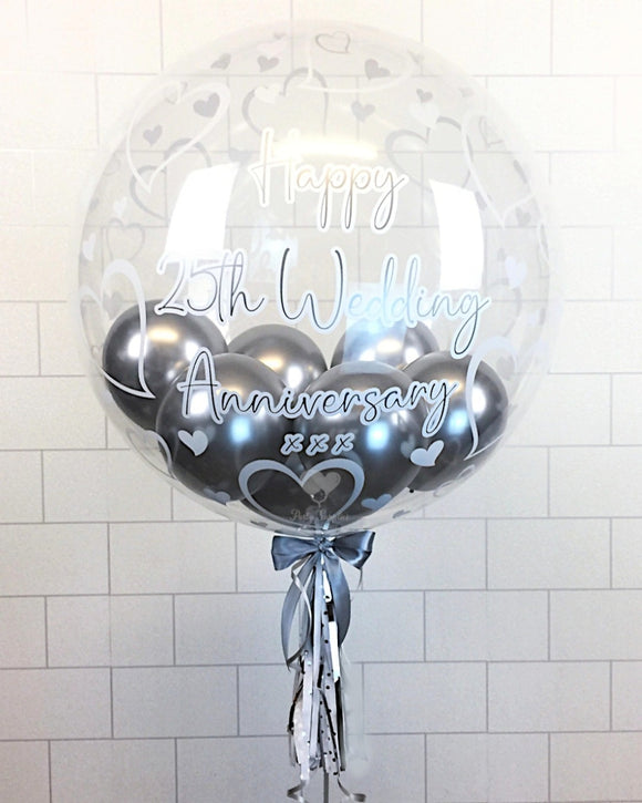 COLLECTION ONLY - Heart Print Bubble Balloon - Silver Balloons - White & Silver Message
