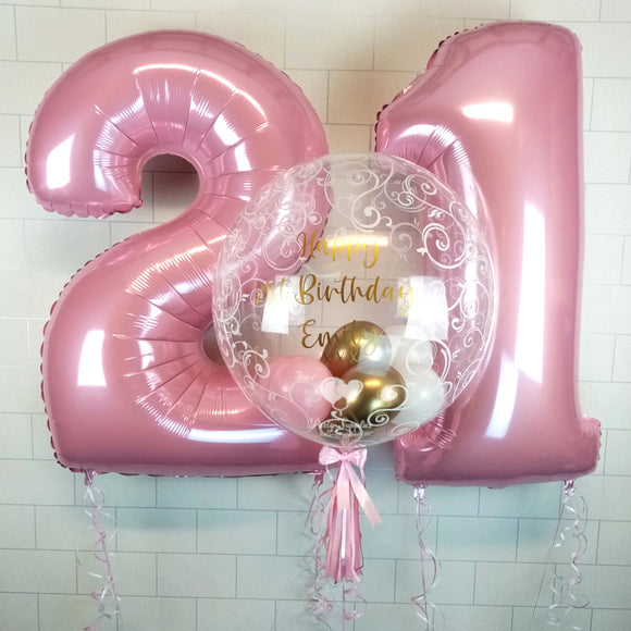 COLLECTION ONLY - Fancy Filigree Bubble - Gold, Pink, White Balloons - Gold Message - 2 Large Numbers