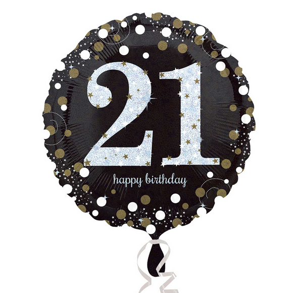 COLLECTION ONLY - 1 Happy Birthday 21st Gold Celebration Standard Foil Balloon Filled with Helium & Dressed with Ribbon & Weight