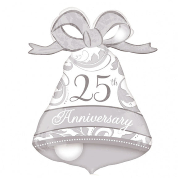 COLLECTION ONLY - 1 25th Anniversary Bell Super Shape Foil Balloon Filled with Helium & Dressed with Ribbon & Weight
