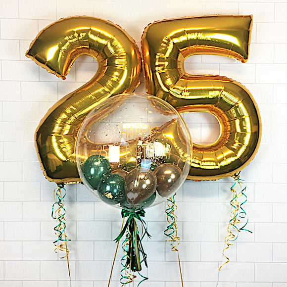 COLLECTION ONLY - Clear Bubble - Green & Gold Balloons - Gold Leaf - Gold Message + 2 Helium Filled Large Gold Numbers