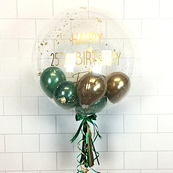 COLLECTION ONLY - Clear Bubble - Green & Gold Balloons - Gold Leaf - Gold Message