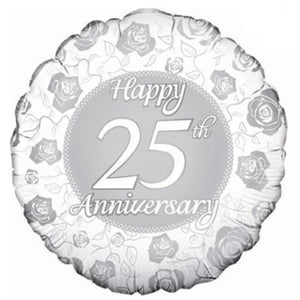 COLLECTION ONLY - 1 Happy 25th Anniversary Standard Foil Balloon Filled with Helium & Dressed with Ribbon & Weight