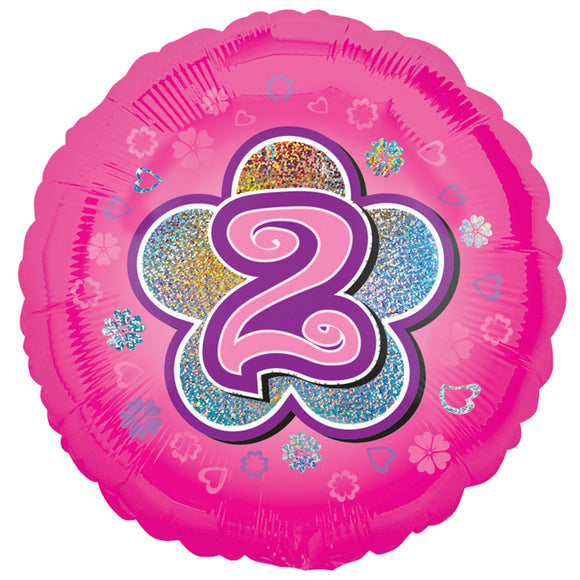 COLLECTION ONLY - 1 Pink Holographic Number 2 Standard Foil Balloon Filled with Helium & Dressed with Ribbon & Weight