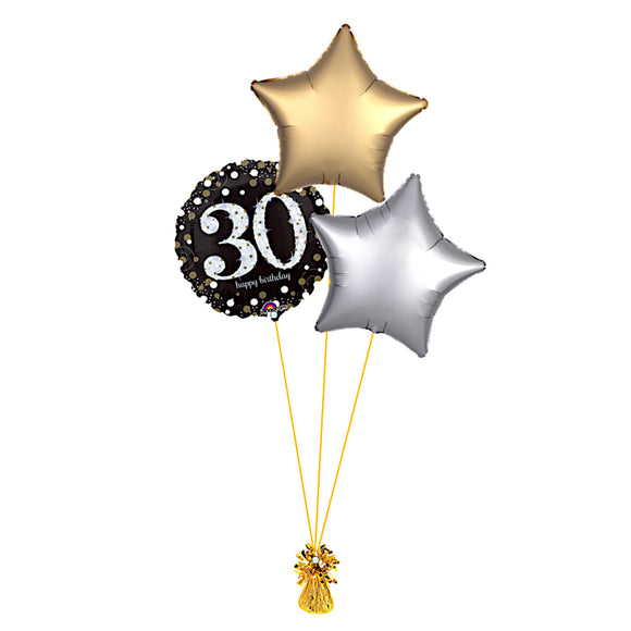 COLLECTION ONLY -  30th Birthday Foil Balloon Bouquet Filled with Helium & Dressed with Ribbon & Weight