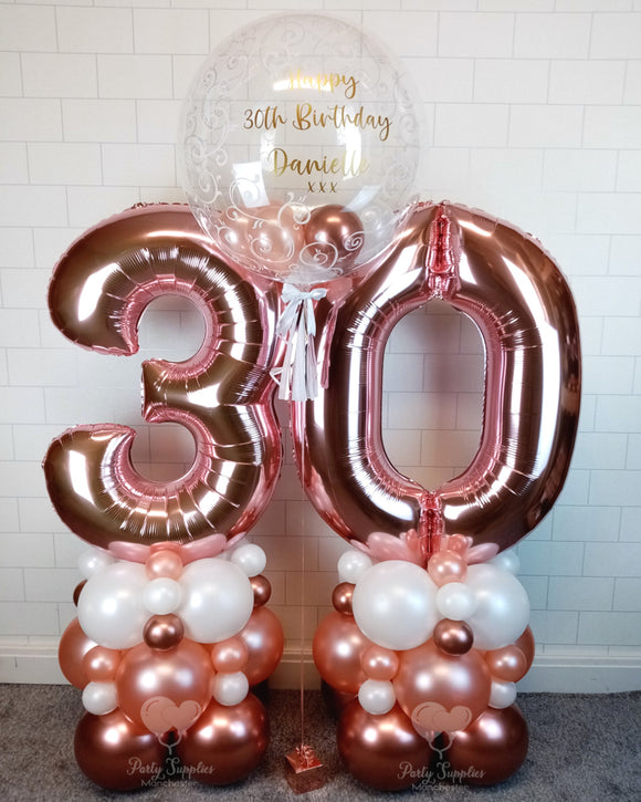 COLLECTION ONLY - Rose Gold & White - Personalised Double Number Tower & 1 Personalised Matching Bubble Balloon