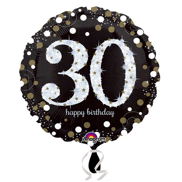 COLLECTION ONLY - 1 Happy Birthday 30th Gold Celebration Standard Foil Balloon Filled with Helium & Dressed with Ribbon & Weight