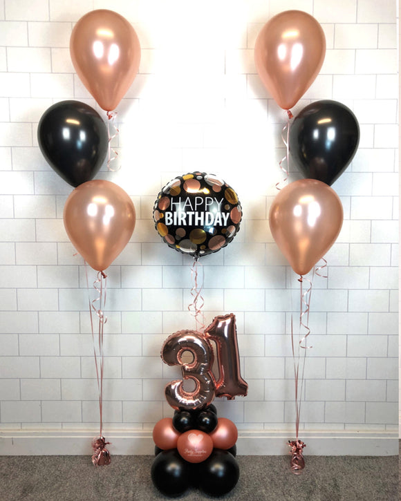 COLLECTION ONLY - SPOTS Black & Rose Gold Table Tower - Standard Foil Balloon & 2 Sets of Clusters
