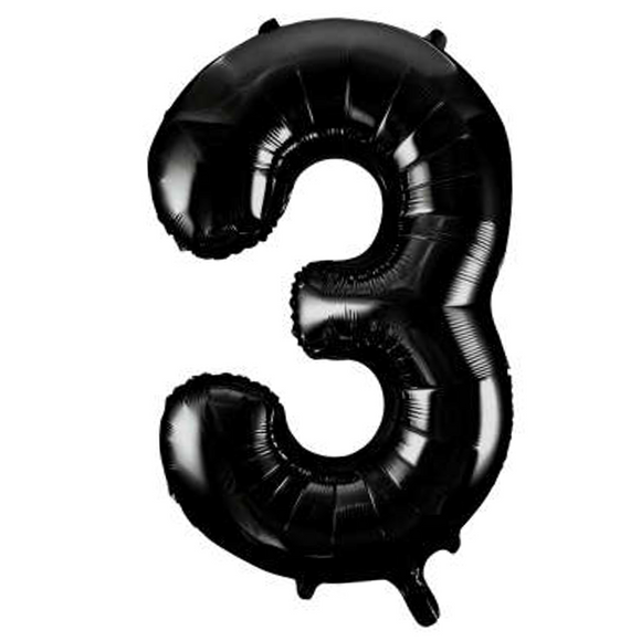 COLLECTION ONLY - Large Black Number 3 Super Shape Foil Balloon Filled with Helium & Dressed with Ribbon & Weight
