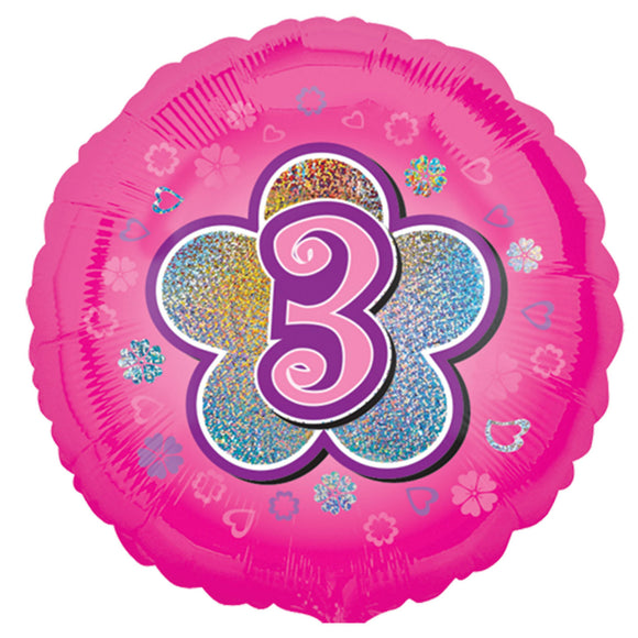 COLLECTION ONLY - 1 Pink Holographic Number 3 Standard Foil Balloon Filled with Helium & Dressed with Ribbon & Weight