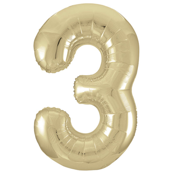 COLLECTION ONLY - Large White Gold Number 3 Super Shape Foil Balloon Filled with Helium & Dressed with Ribbon & Weight