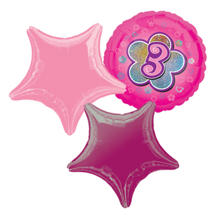 COLLECTION ONLY -  Pink Age 3 Foil Balloon Bouquet Filled with Helium & Dressed with Ribbon & Weight