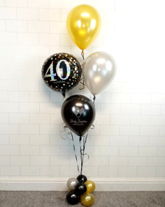 COLLECTION ONLY - 40th Birthday Black, Silver & Gold Bouquet - 3 Latex Balloons & 1 Foil 18" & Balloon Base