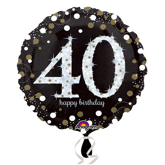 COLLECTION ONLY - 1 Happy Birthday 40th Gold Celebration Standard Foil Balloon Filled with Helium & Dressed with Ribbon & Weight