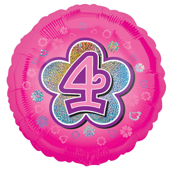 COLLECTION ONLY - 1 Pink Holographic Number 4 Standard Foil Balloon Filled with Helium & Dressed with Ribbon & Weight