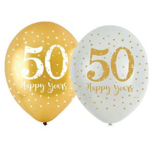 6 Latex Balloons 50 Happy Years Gold & White