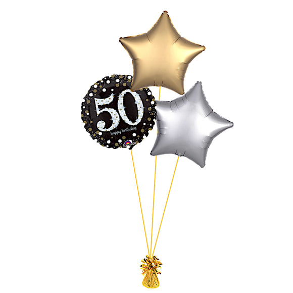 COLLECTION ONLY -  50th Birthday Foil Balloon Bouquet Filled with Helium & Dressed with Ribbon & Weight