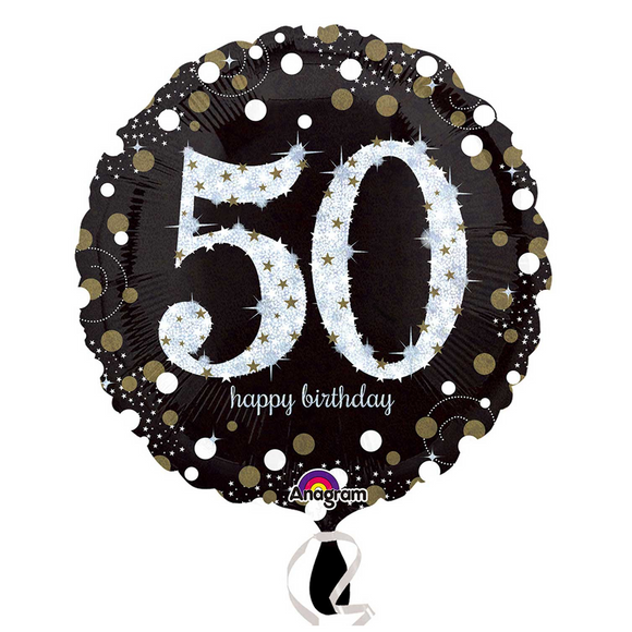 COLLECTION ONLY - 1 Happy Birthday 50th Gold Celebration Standard Foil Balloon Filled with Helium & Dressed with Ribbon & Weight