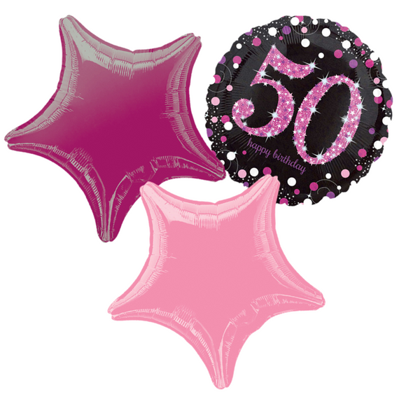 COLLECTION ONLY - 50th Pink Birthday Foil Balloon Bouquet Filled with Helium & Dressed with Ribbon & Weight