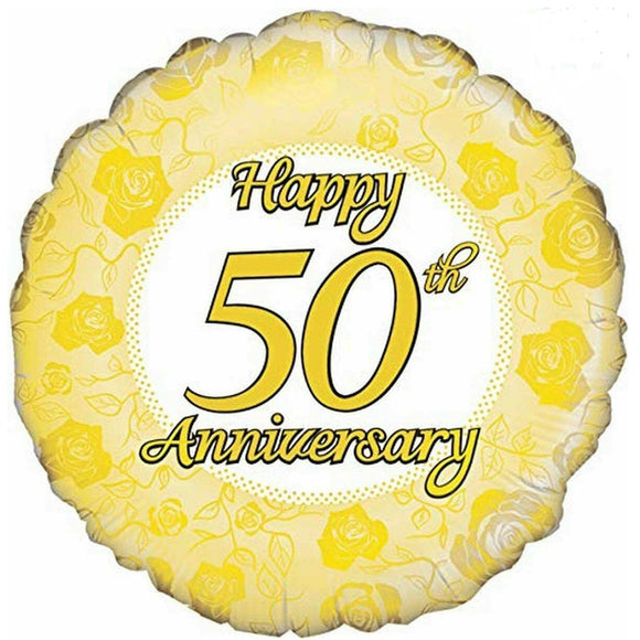 COLLECTION ONLY - 1 Happy 50th Anniversary Standard Foil Balloon Filled with Helium & Dressed with Ribbon & Weight