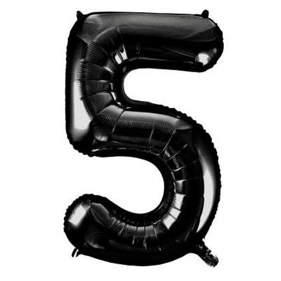 COLLECTION ONLY - Large Black Number 5 Super Shape Foil Balloon Filled with Helium & Dressed with Ribbon & Weight