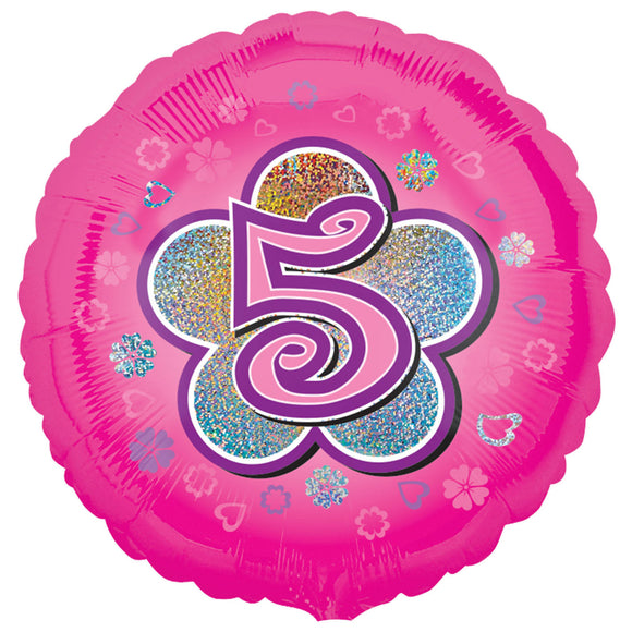 COLLECTION ONLY - 1 Pink Holographic Number 5 Standard Foil Balloon Filled with Helium & Dressed with Ribbon & Weight