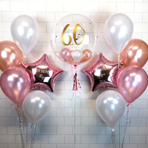 COLLECTION ONLY - Clear Bubble - Pink, Rose Gold, White Balloons - Rose Gold Confetti - Gold Message + 2 Personalised Bouquets