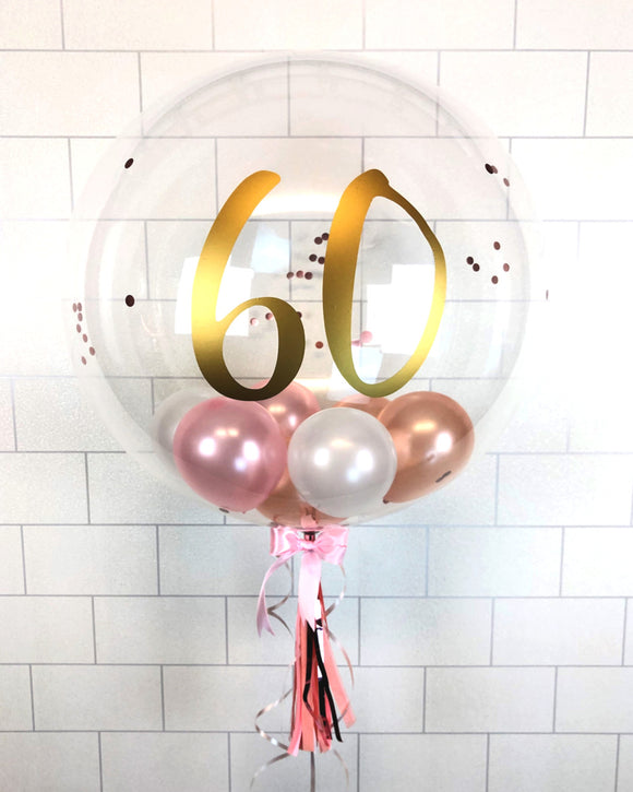 COLLECTION ONLY - Clear Bubble - Pink, Rose Gold, White Balloons - Rose Gold Confetti - Gold Message