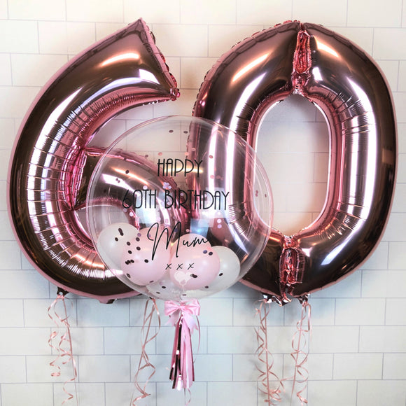 COLLECTION ONLY - Clear Bubble - Pink, White Balloons - Pink Confetti - Black Message + 2 Helium Filled Large Numbers