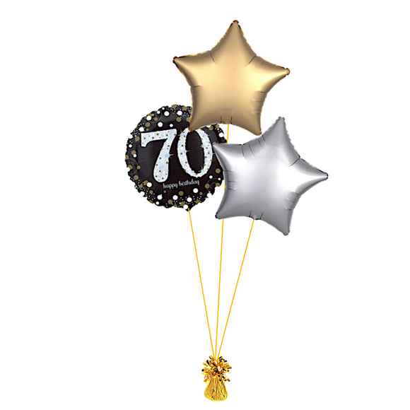 COLLECTION ONLY -  70th Birthday Foil Balloon Bouquet Filled with Helium & Dressed with Ribbon & Weight
