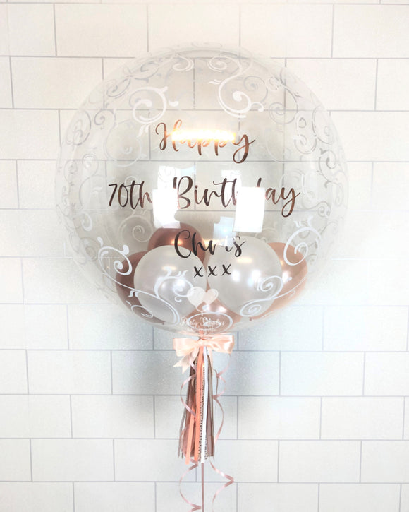 COLLECTION ONLY - Fancy Filigree Bubble - 2 Shades of Rose Gold, White Balloons - Rose Gold Mirror Finished Message