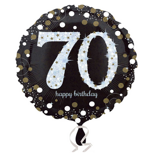 COLLECTION ONLY - 1 Happy Birthday 70th Gold Celebration Standard Foil Balloon Filled with Helium & Dressed with Ribbon & Weight