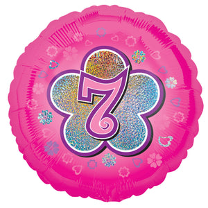 COLLECTION ONLY - 1 Pink Holographic Number 7 Standard Foil Balloon Filled with Helium & Dressed with Ribbon & Weight