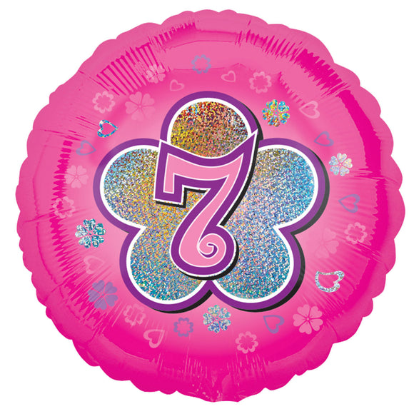COLLECTION ONLY - 1 Pink Holographic Number 7 Standard Foil Balloon Filled with Helium & Dressed with Ribbon & Weight