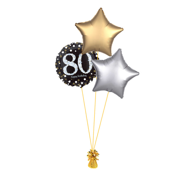 COLLECTION ONLY -  80th Birthday Foil Balloon Bouquet Filled with Helium & Dressed with Ribbon & Weight